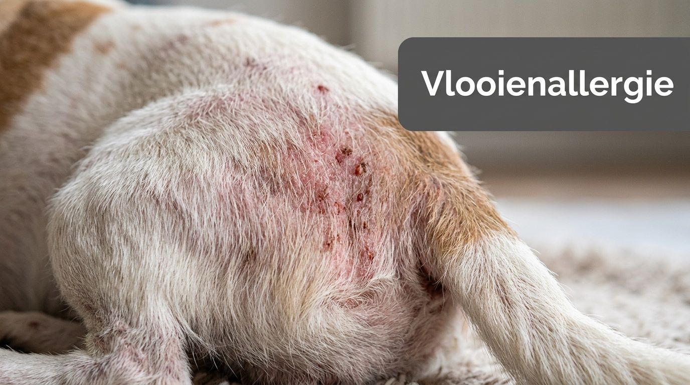 Een hond met huidirritatie en korstjes op de rug, wat wijst op een allergische reactie door vlooien.