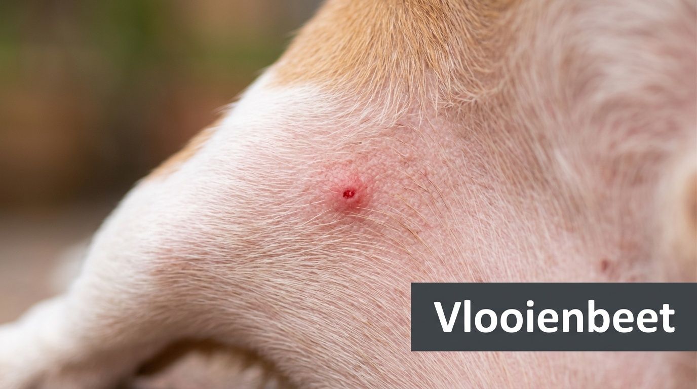Een close-up van een kleine, rode, ontstoken plek op de huid van een hond door een vlooienbeet.