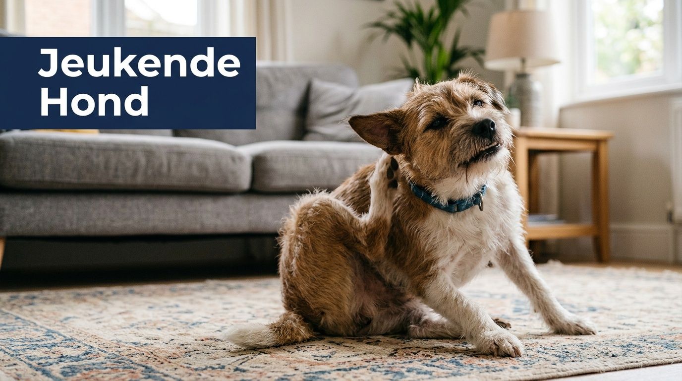 Een bruine hond met een blauwe halsband die zichzelf krabt op een vloerkleed in een woonkamer.