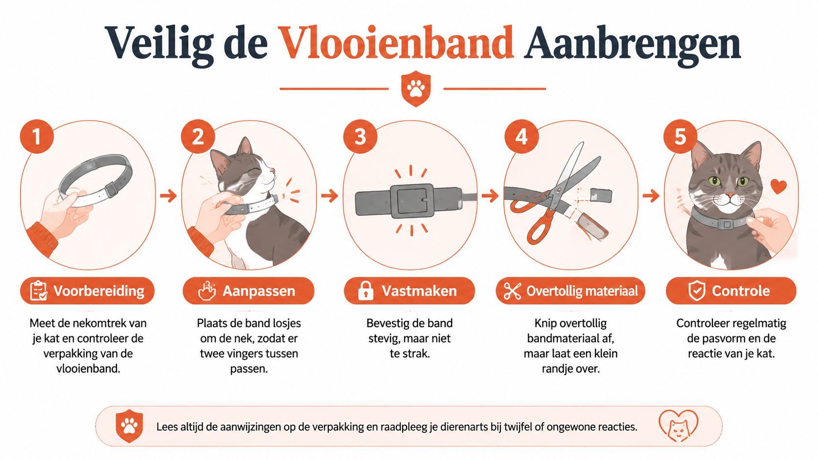 Een stappenplan met illustraties voor het veilig aanbrengen van een vlooienband bij een kat.