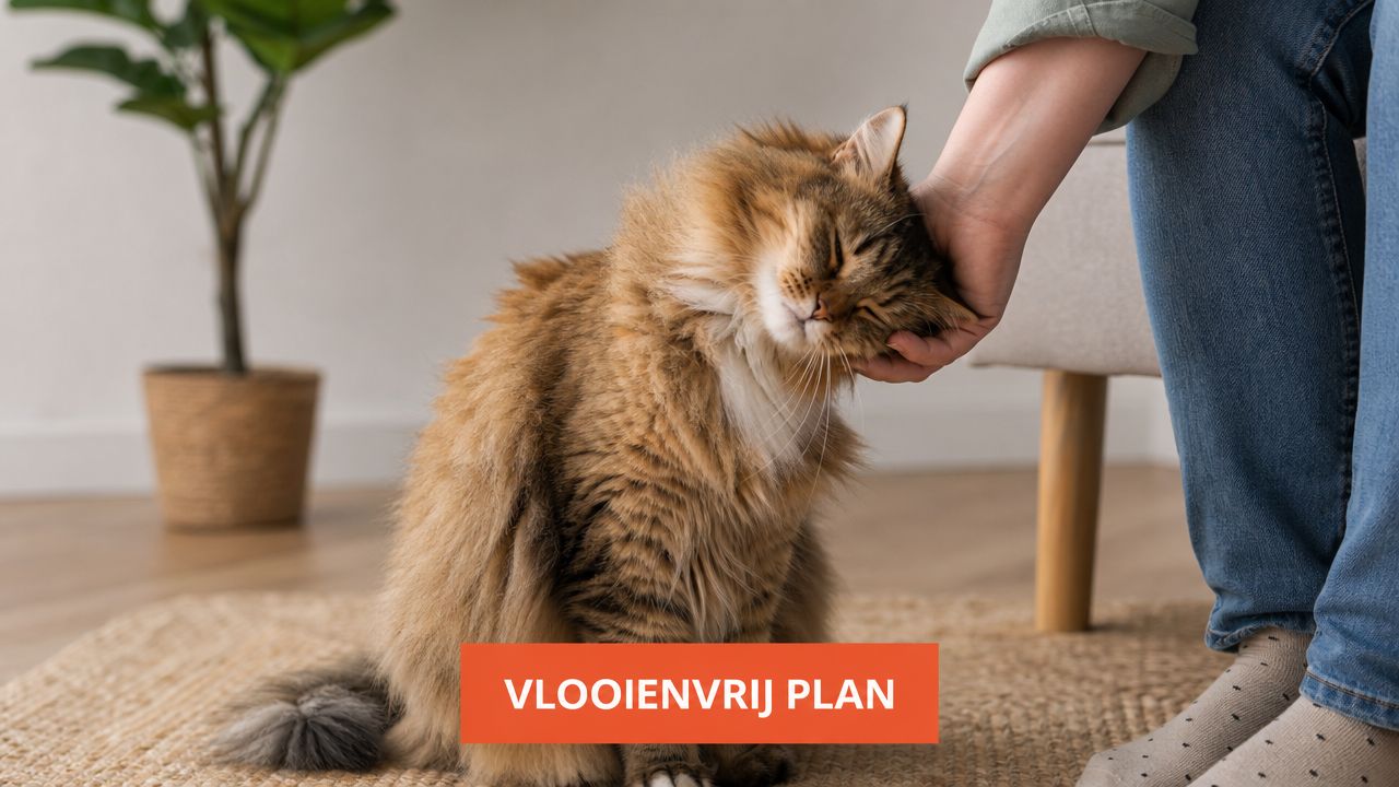 Een zittende, pluizige bruine kat wordt liefdevol geaaid door een persoon in een gezellige woonkamer.