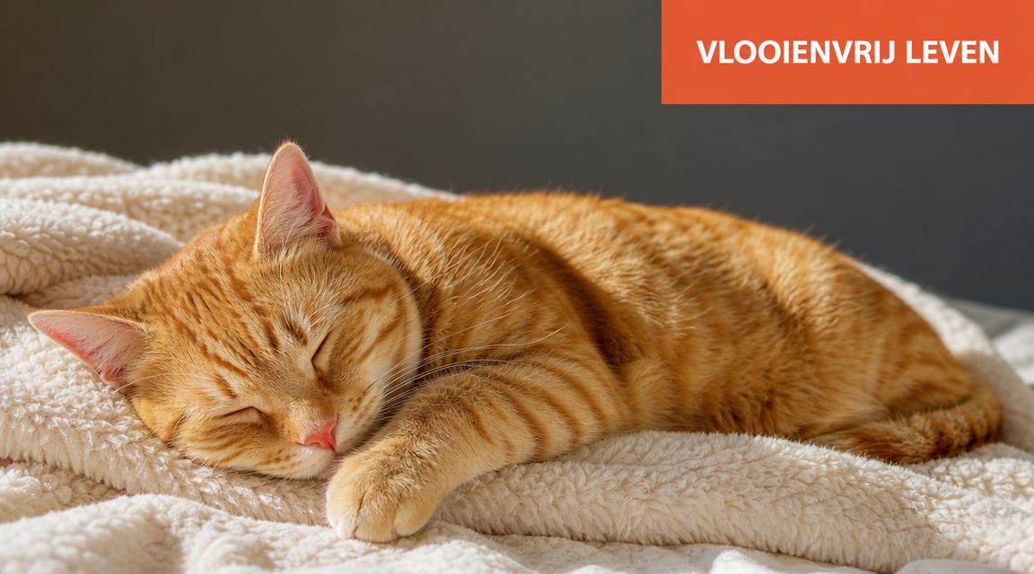 Een slaperige oranje kat die comfortabel op een zachte, witte deken ligt in een rustige kamer.