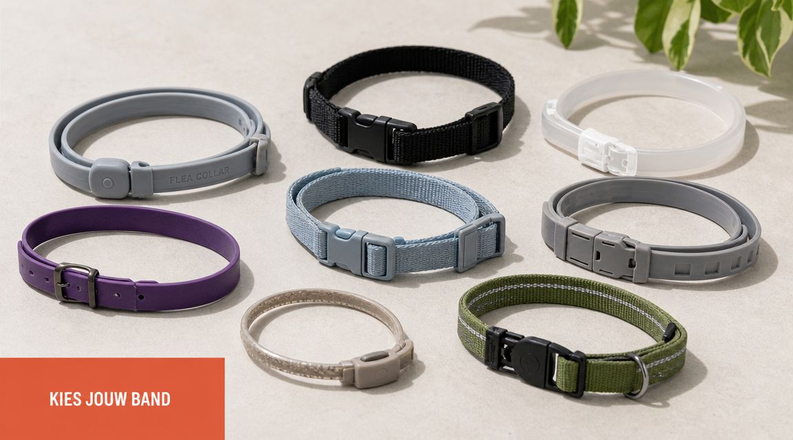 Een assortiment van verschillende soorten vlooienbanden voor katten in diverse kleuren en materialen op een ondergrond.
