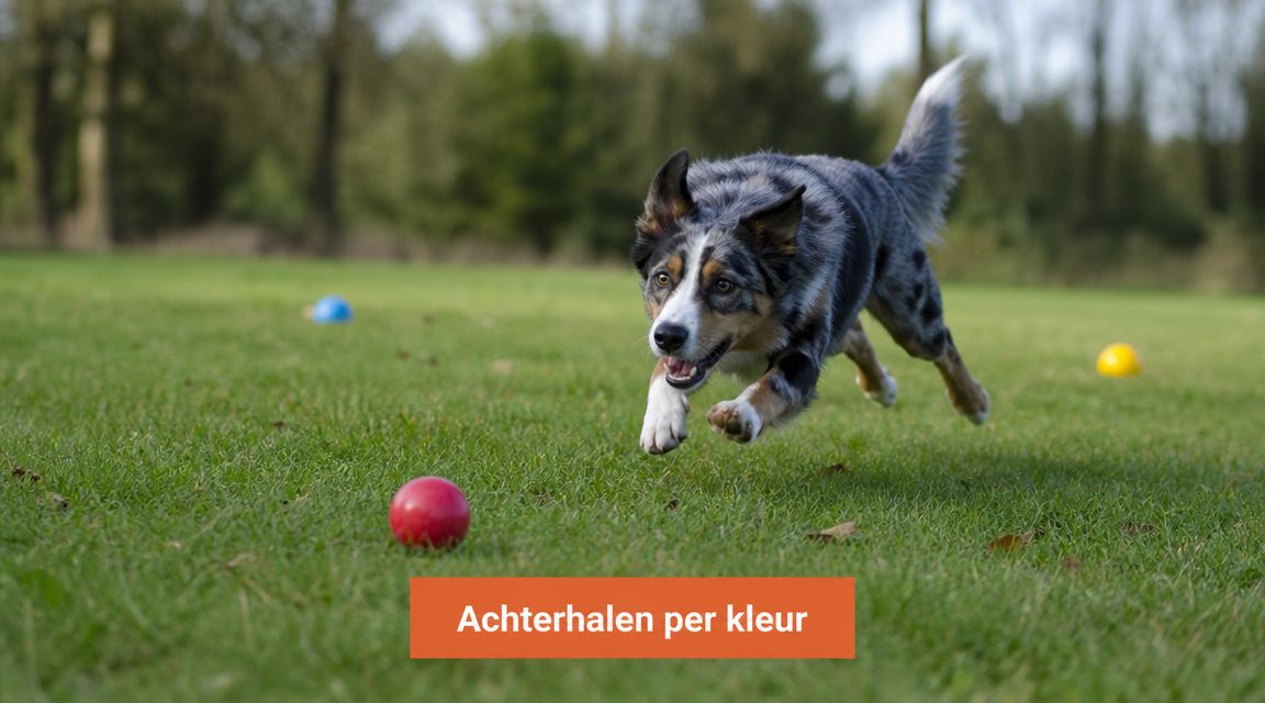 Een vrolijke hond rent over een groen grasveld naar een rode bal in een spel met kleuren.