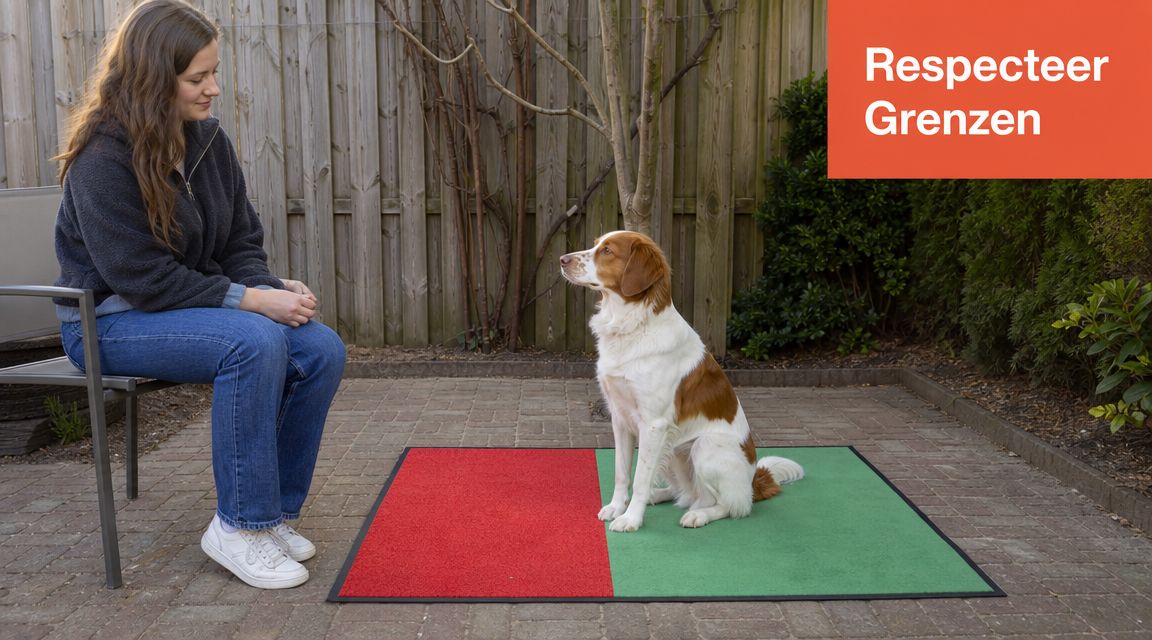 Een vrouw zit op een stoel voor een hond die op een rood-groene mat zit.