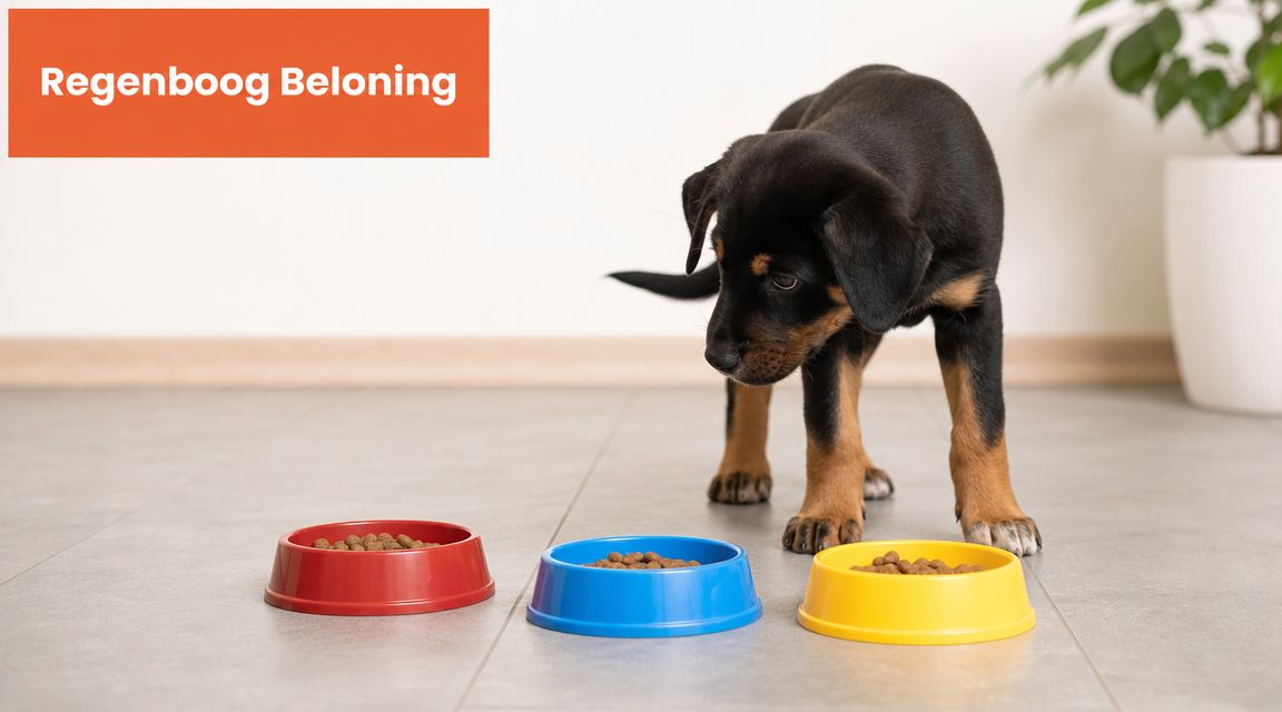 Een schattige puppy kijkt naar drie gekleurde voerbakjes met droge hondenbrokjes op een grijze tegelvloer.
