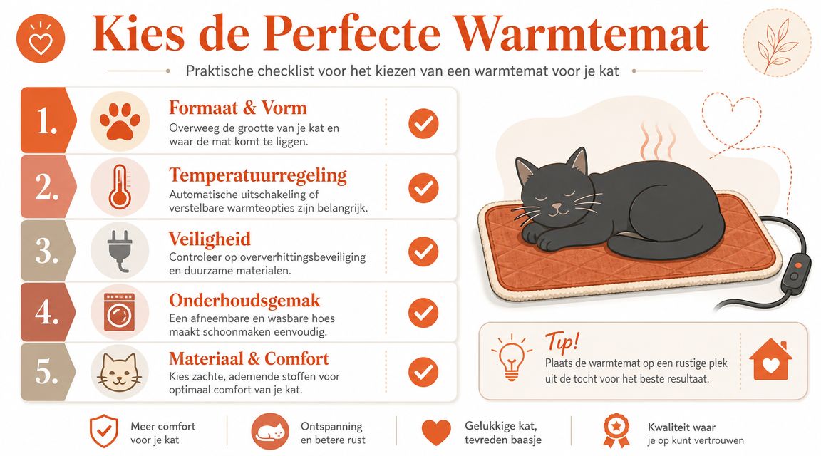 Een informatieve infographic over het kiezen van de juiste warmtemat voor katten met vijf belangrijke tips.