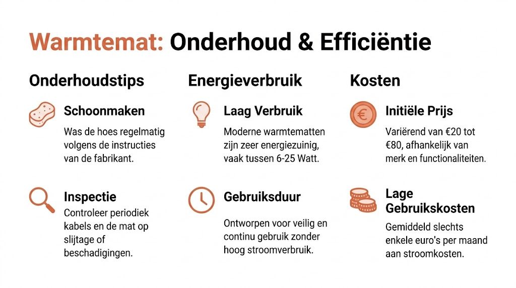 Een informatieve afbeelding over het onderhoud, energieverbruik en de kosten van een elektrische warmtemat voor huisdieren.