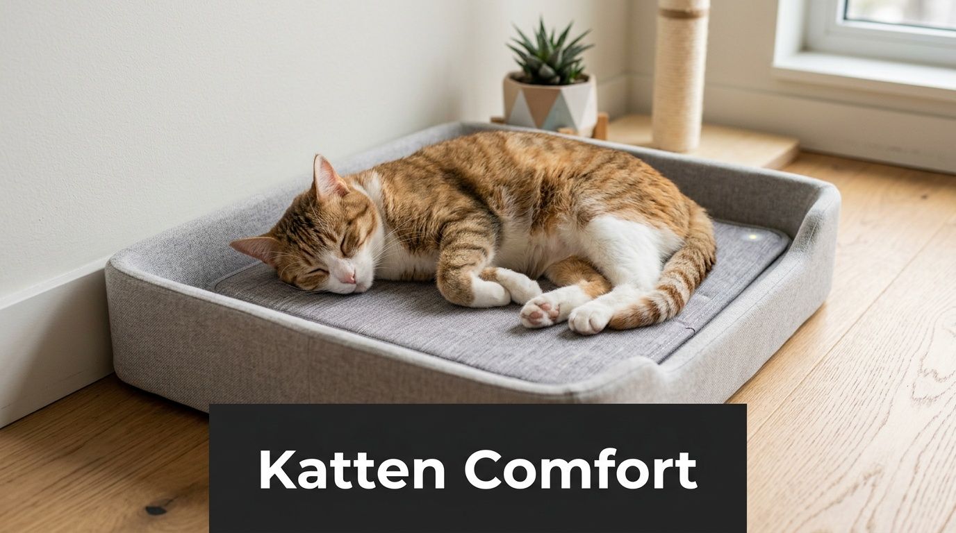 Een rustige oranje-witte kat slaapt vredig op een comfortabele grijze warmtemat voor katten op een houten vloer.
