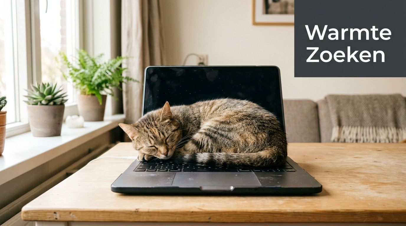 Een schattige bruine cyperkat ligt heerlijk te slapen op het warme toetsenbord van een opengeklapte laptop.