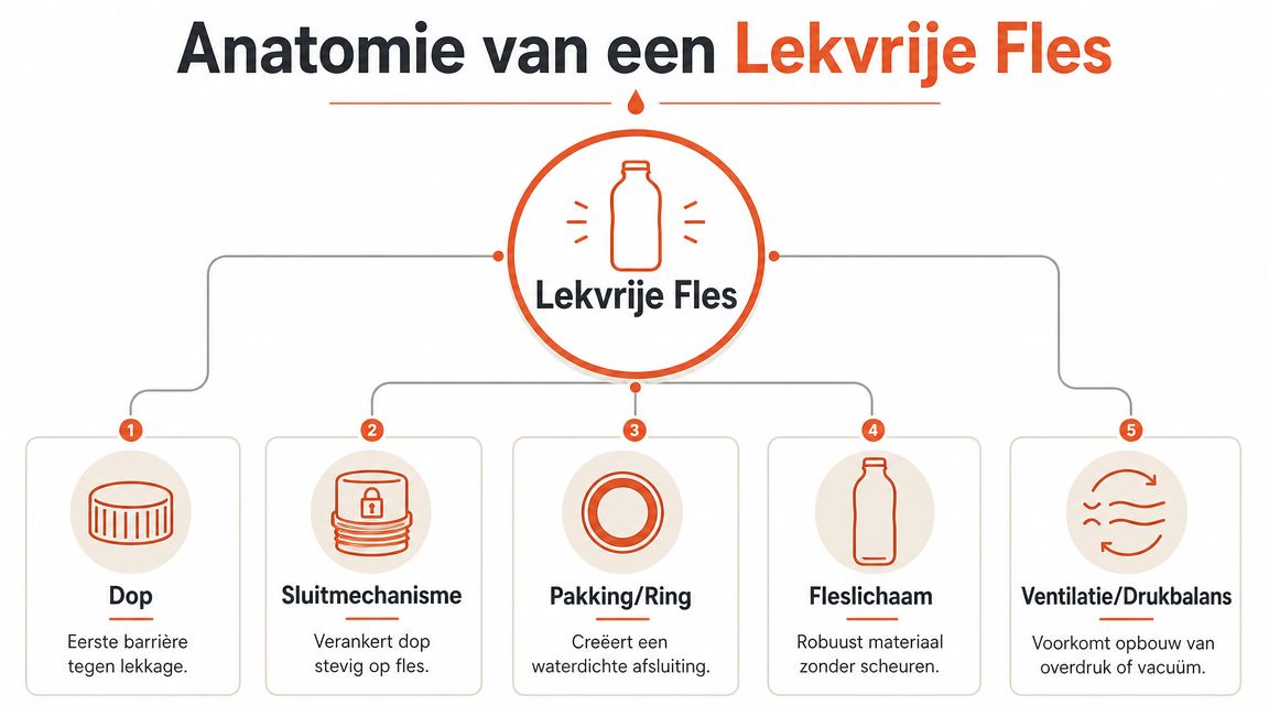 Een infographic die de vijf belangrijkste onderdelen van een lekvrije drinkfles in detail laat zien.