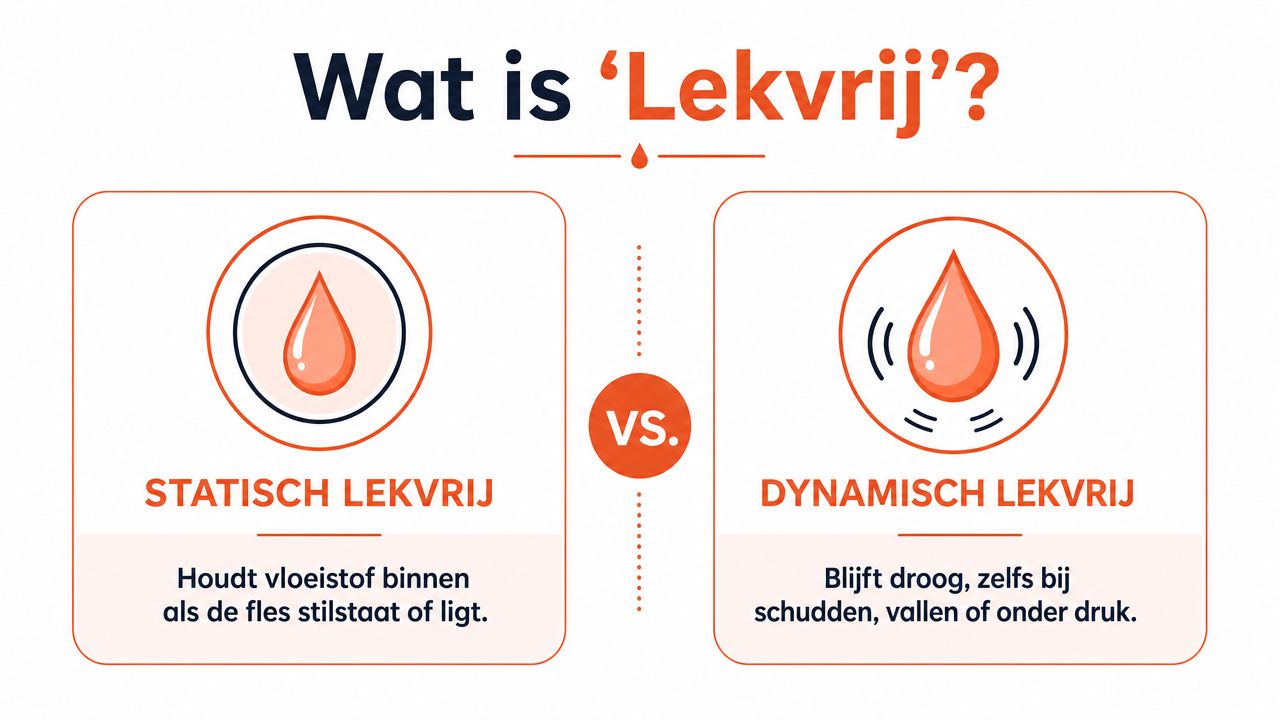 Een infographic met het verschil tussen statisch en dynamisch lekvrij voor een drinkfles.