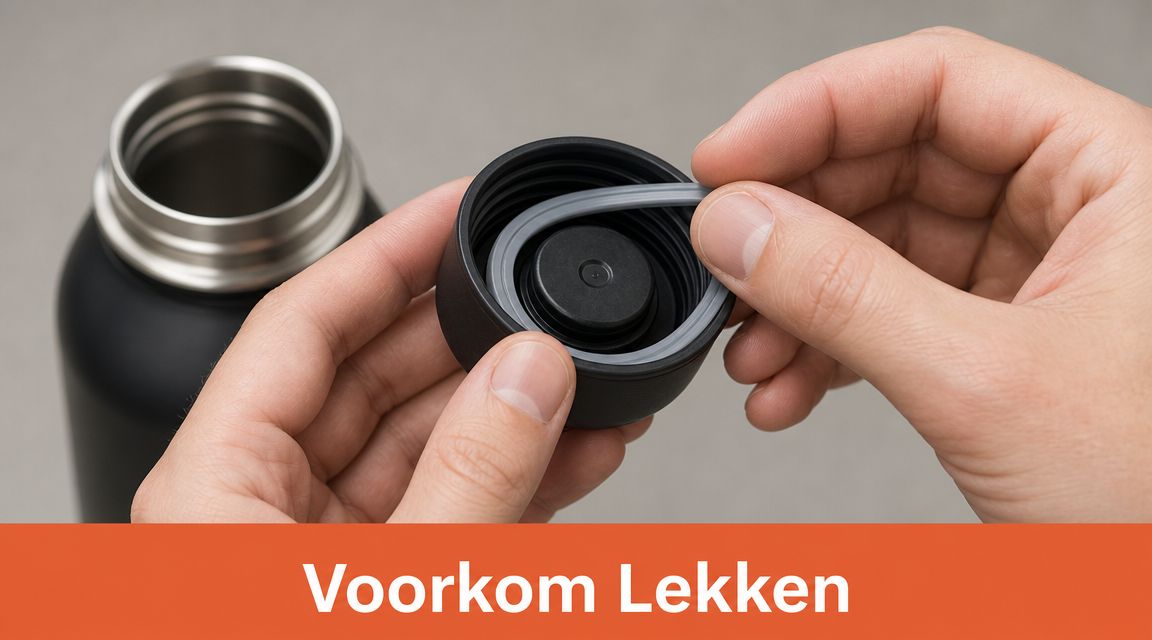 Een hand die de rubberen afdichtring uit de dop van een zwarte drinkfles haalt om lekkage te voorkomen.