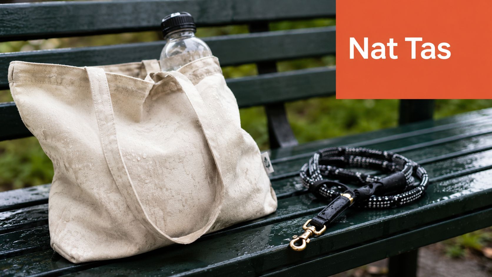 Een stoffen tas met een drinkfles en hondenriem op een natte, regenachtige parkbank in de buitenlucht.