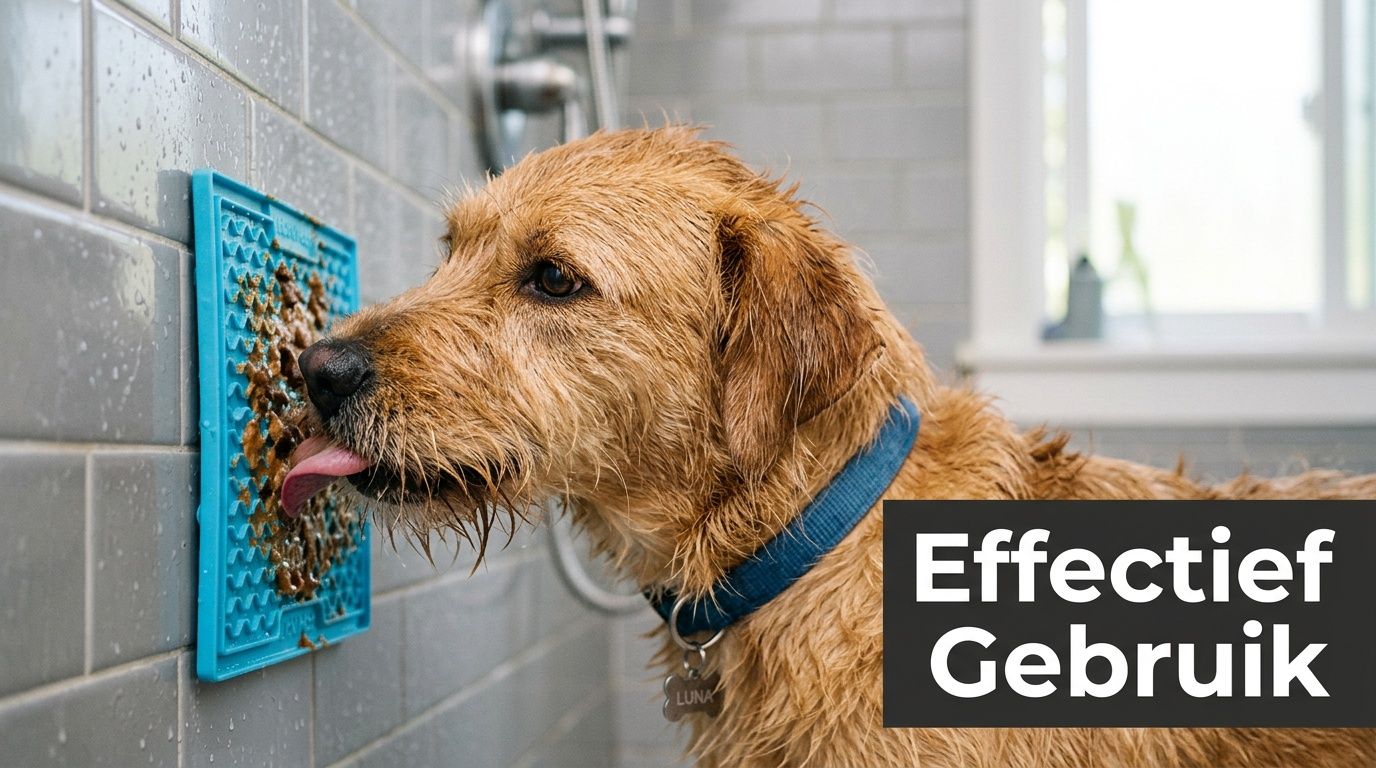 Een golden retriever hond likt aan een blauwe likmat bevestigd op een tegelmuur tijdens het douchen.
