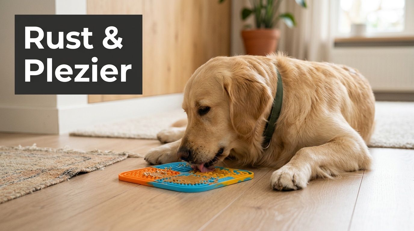 Een gouden retriever likt aan een oranje en blauwe likmat op een houten vloer binnenshuis.