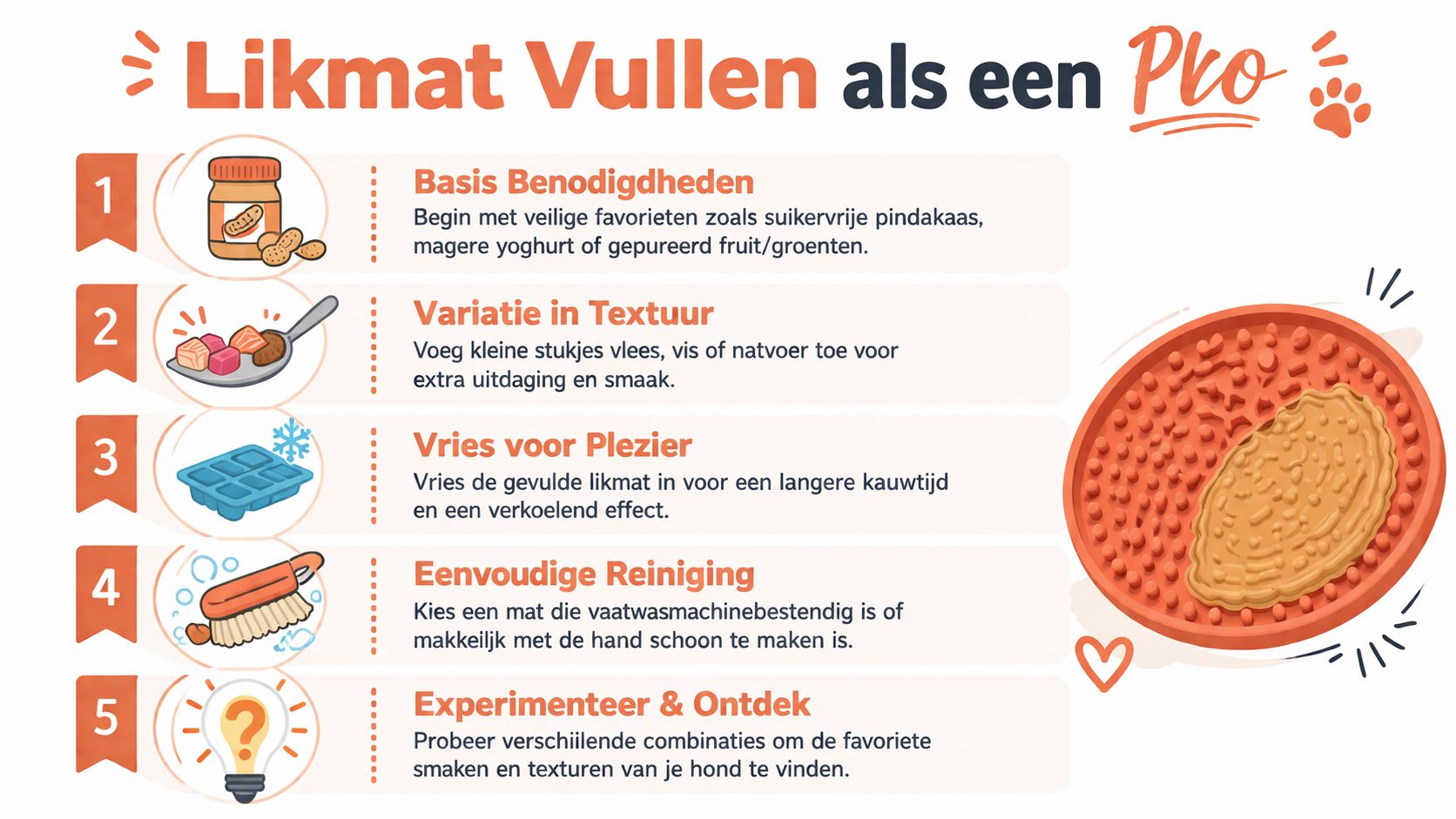 Een informatieve infographic in het Nederlands die stap-voor-stap uitlegt hoe je een likmat voor honden kunt vullen.