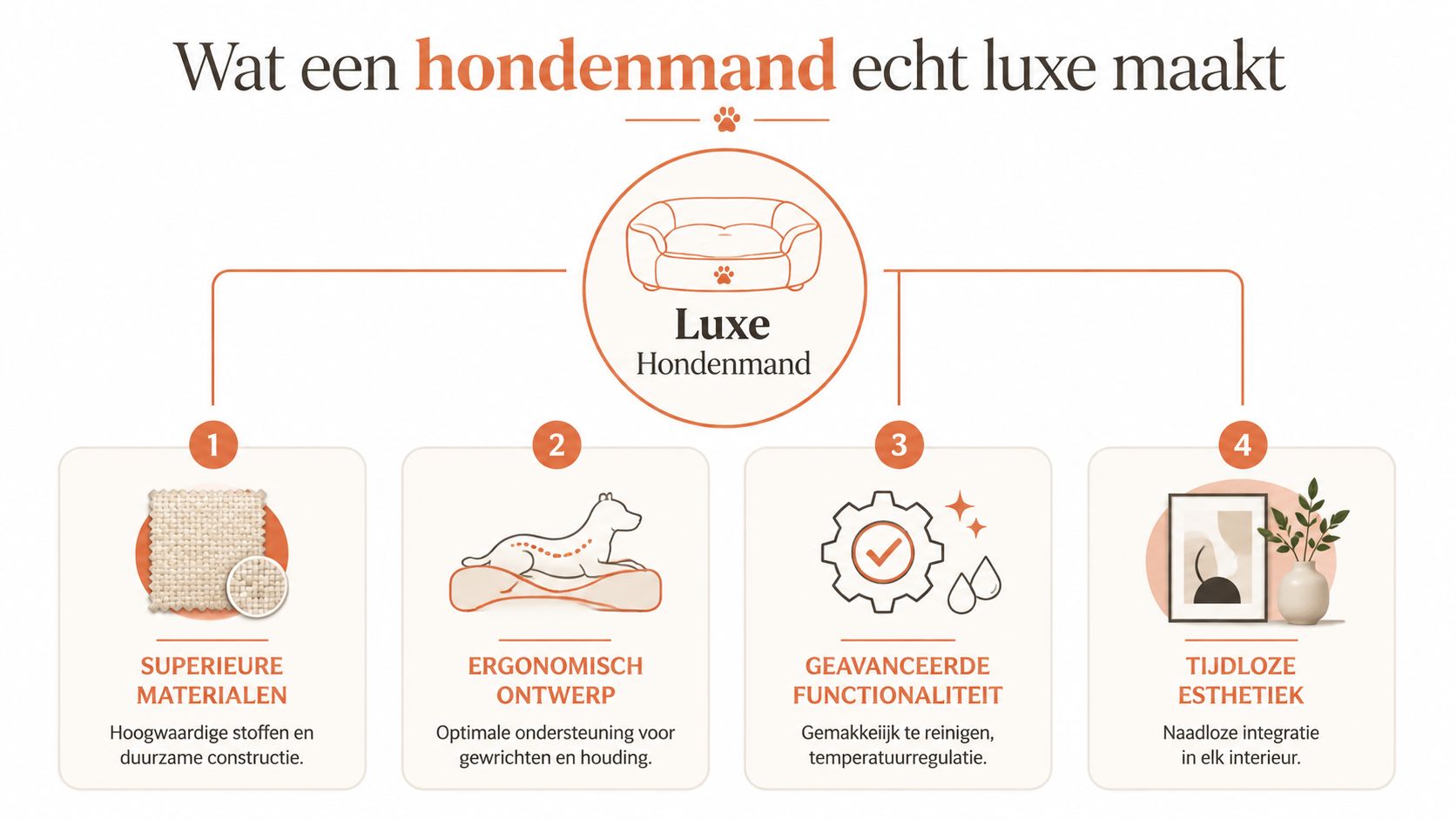 Een infographic die de vier belangrijkste kenmerken van luxe hondenmanden toont: superieure materialen, ergonomisch ontwerp, functionaliteit en esthetiek.