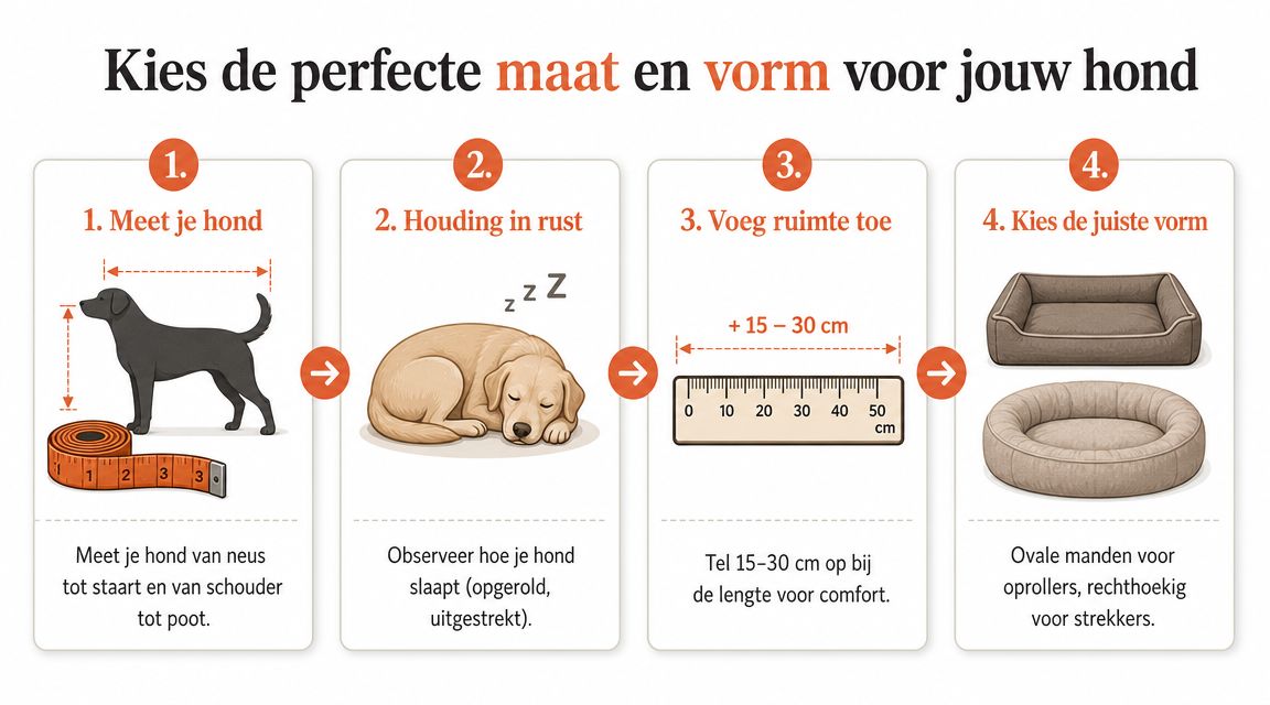 Een stappenplan in vier delen voor het bepalen van de juiste maat en vorm van een hondenmand.