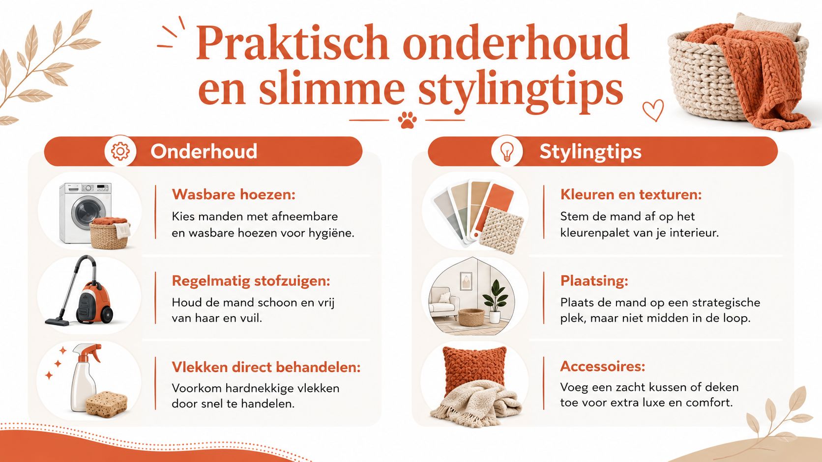 Een informatieve infographic over onderhoudstips en stylingadviezen voor luxe hondenmanden in een modern interieur.