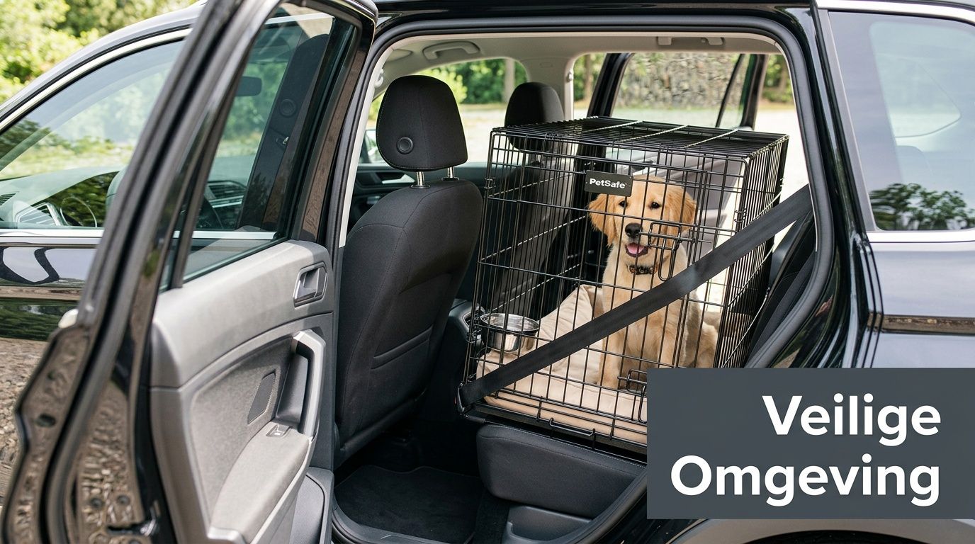 Een gouden retriever puppy zit veilig in een hondenbench op de achterbank van een auto.