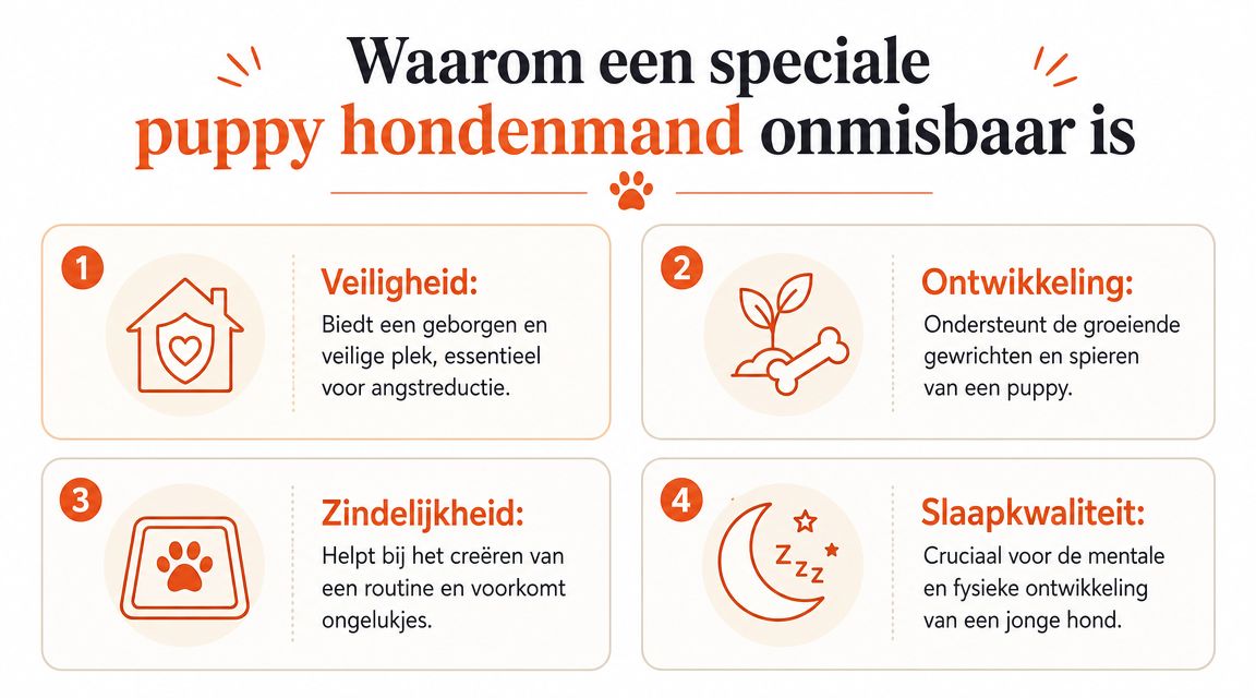 Een infographic met vier redenen waarom een speciale puppy hondenmand essentieel is voor jonge honden.