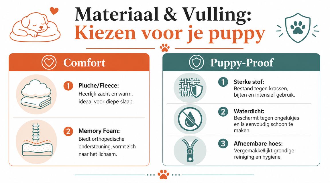 Een informatieve infographic in het Nederlands over het kiezen van het juiste materiaal en vulling voor puppybedden.