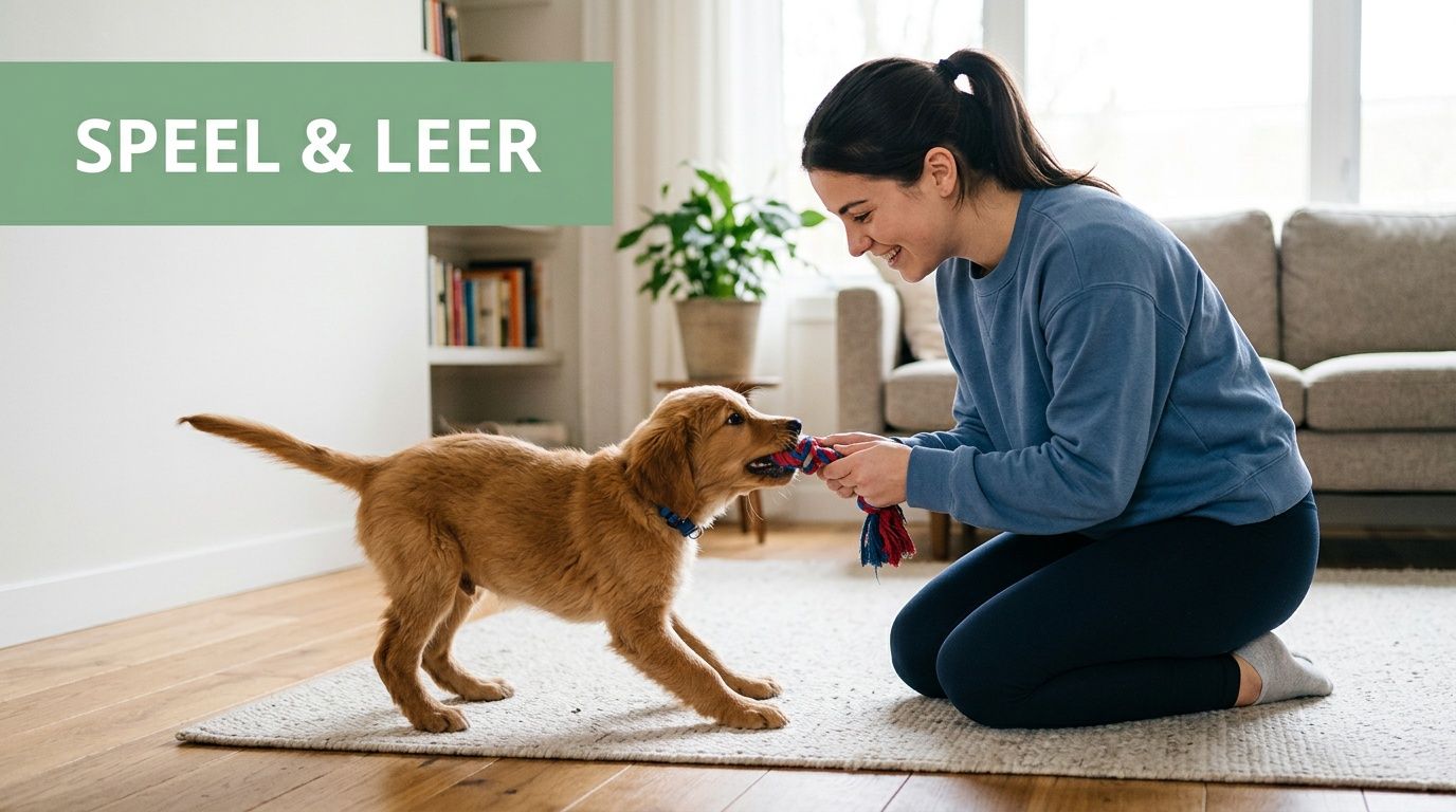 Een jonge vrouw speelt in de woonkamer met een schattige puppy met een kleurrijk touwspeeltje.
