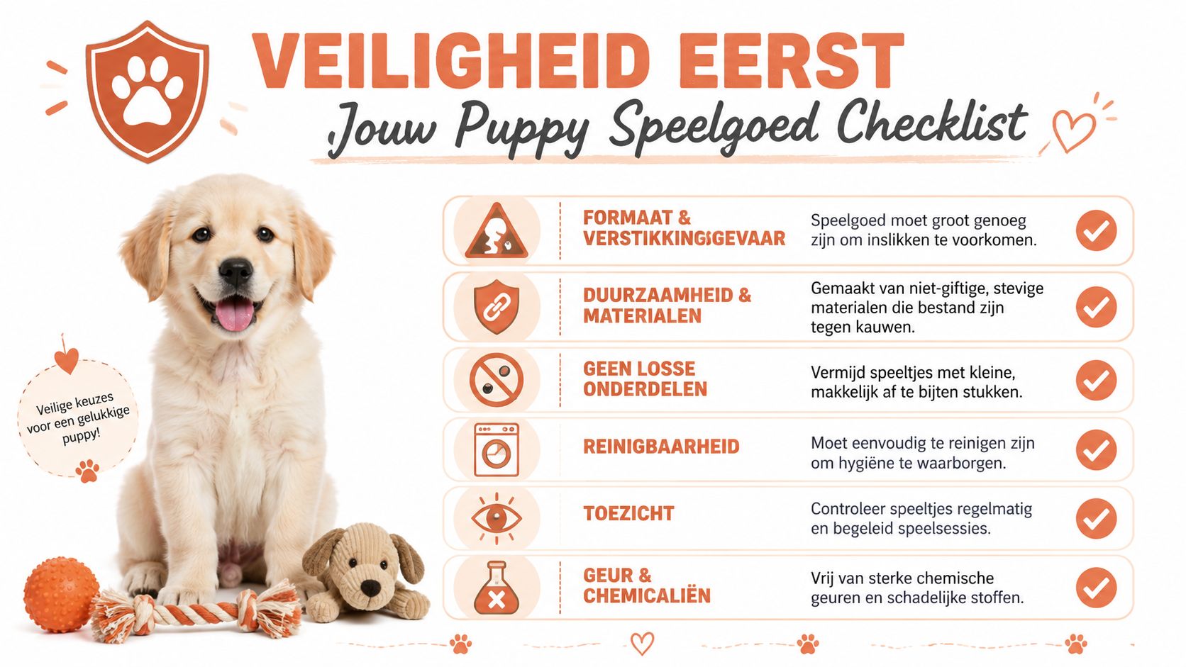 Een informatieve checklist voor puppy speelgoed met tips over veiligheid, materiaalkeuze en toezicht voor een gelukkige puppy.