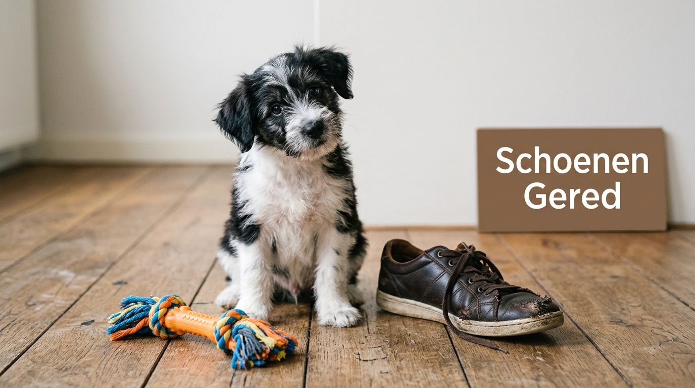 Een schattige zwart-witte puppy zit naast een kauwspeeltje en een beschadigde bruine leren schoen op de vloer.