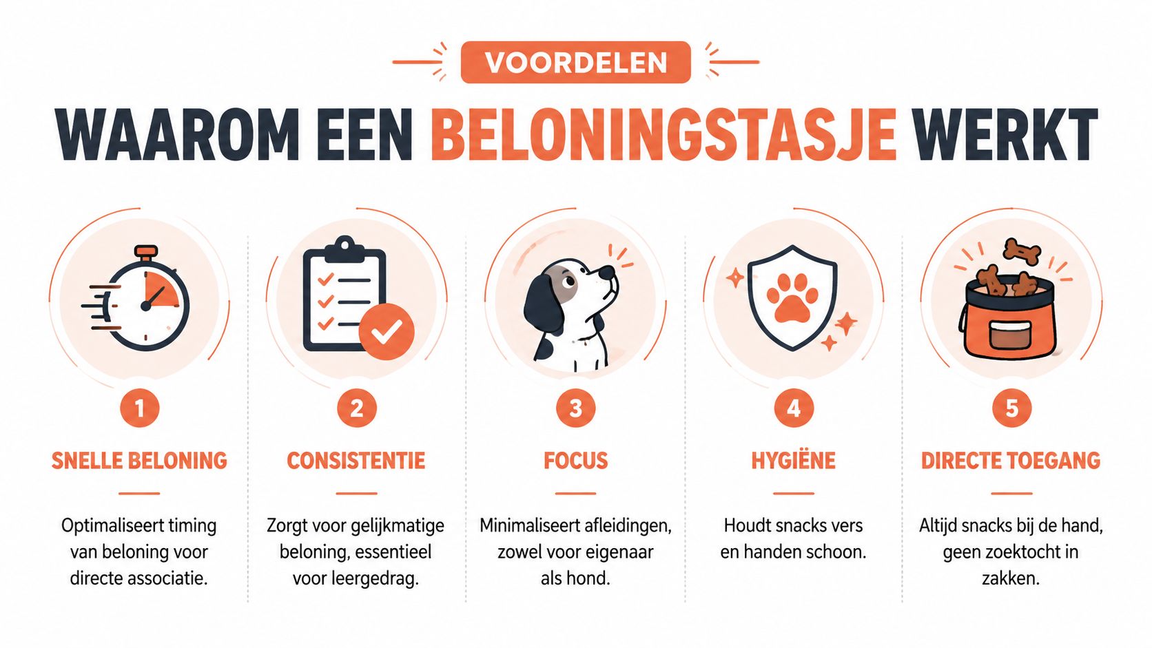 Een infographic die de vijf belangrijkste voordelen van een beloningstasje voor hondentraining in het Nederlands uitlegt.