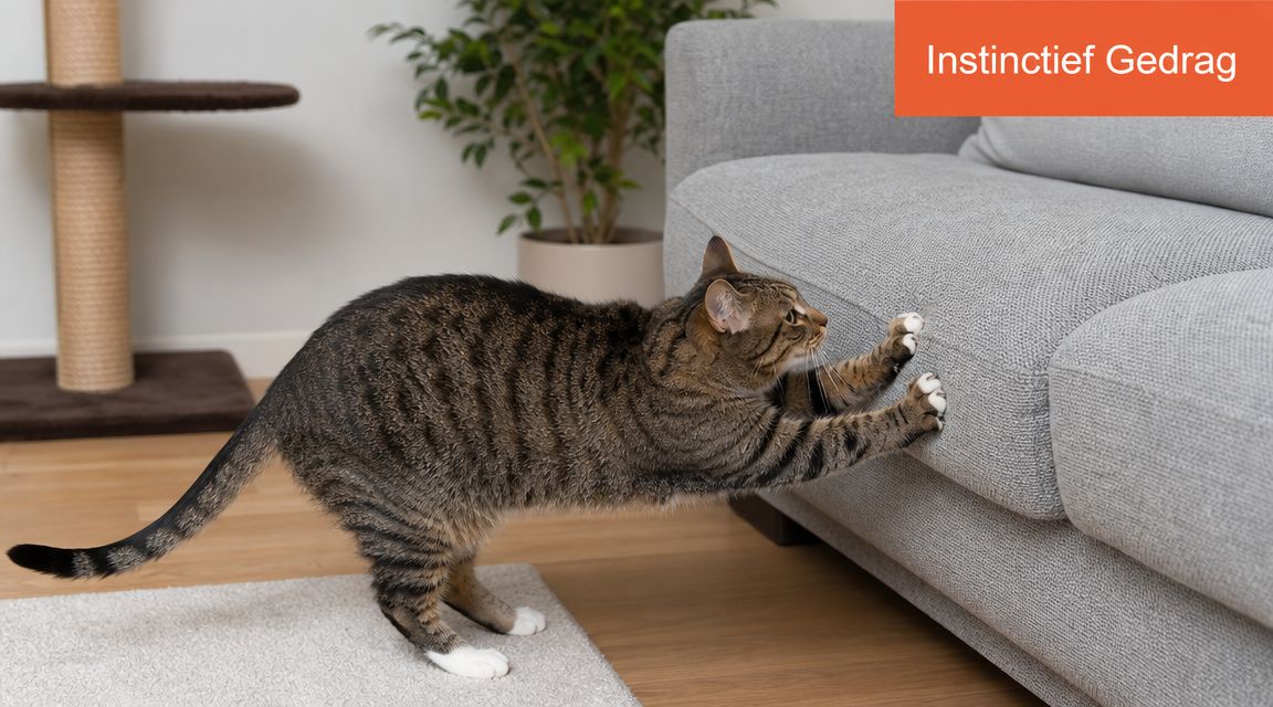 Een gestreepte kat die instinctief zijn nagels in de zijkant van een grijze stoffen bank zet.