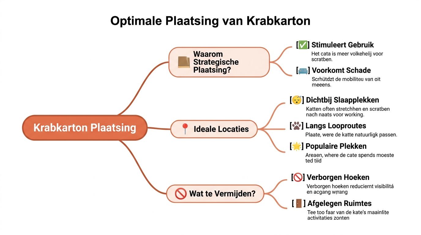 Een overzichtelijk mindmap schema over het optimaal plaatsen van krabkarton voor katten in huis.
