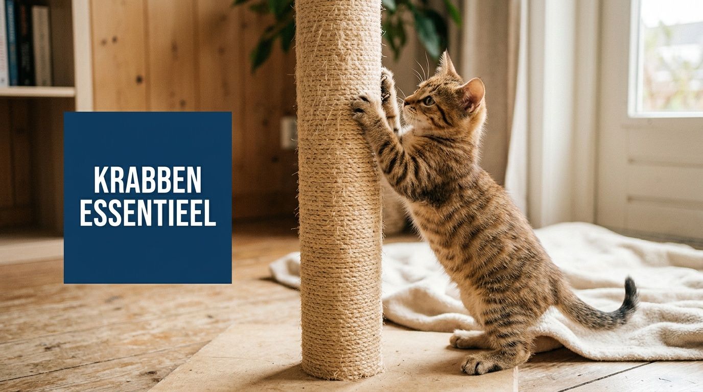 Een schattig gestreept kitten dat met zijn pootjes aan een sisal krabpaal krabt in een lichte woonkamer.