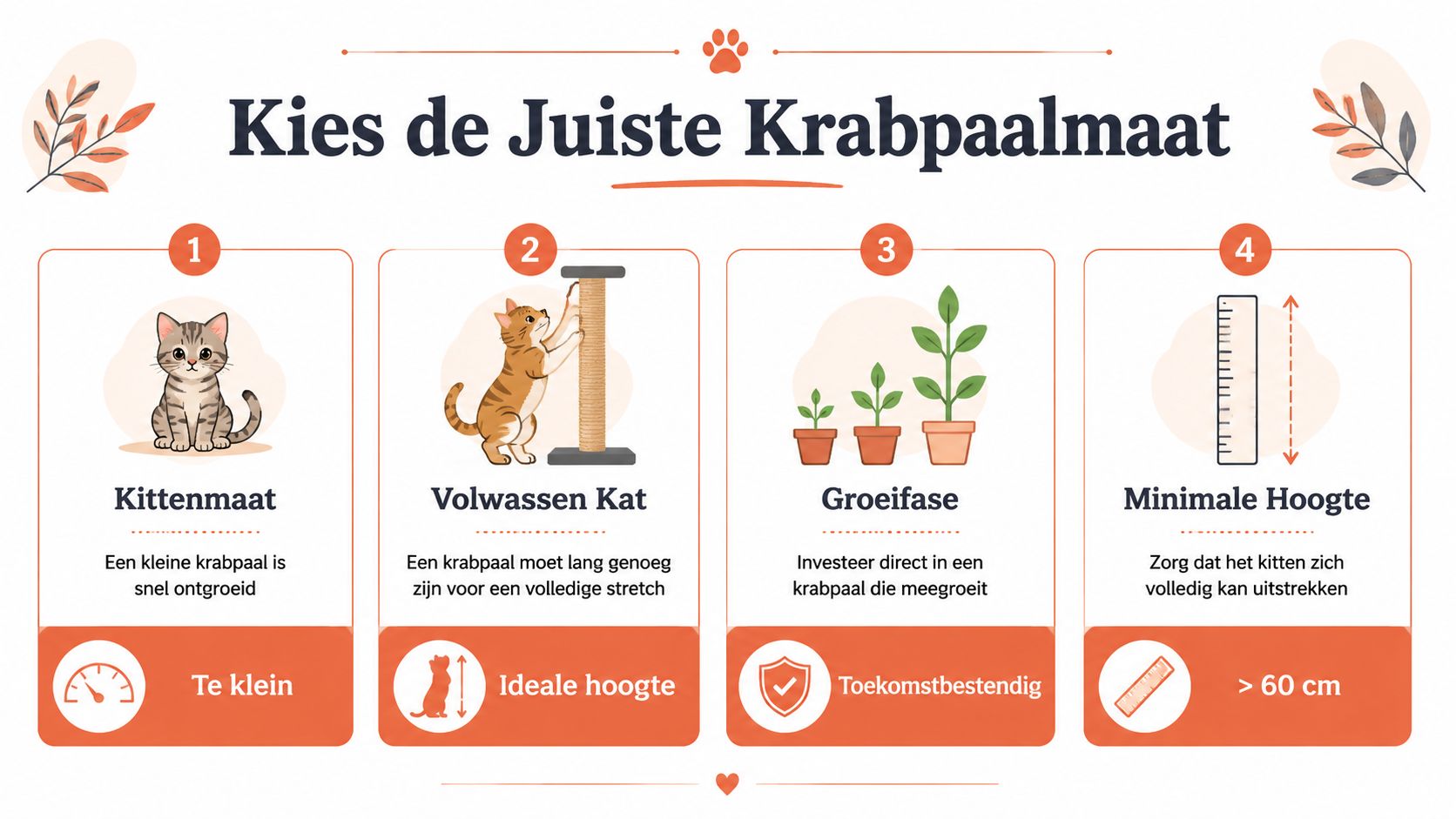 Een informatieve infographic in het Nederlands over het kiezen van de juiste krabpaal voor kittens en katten.