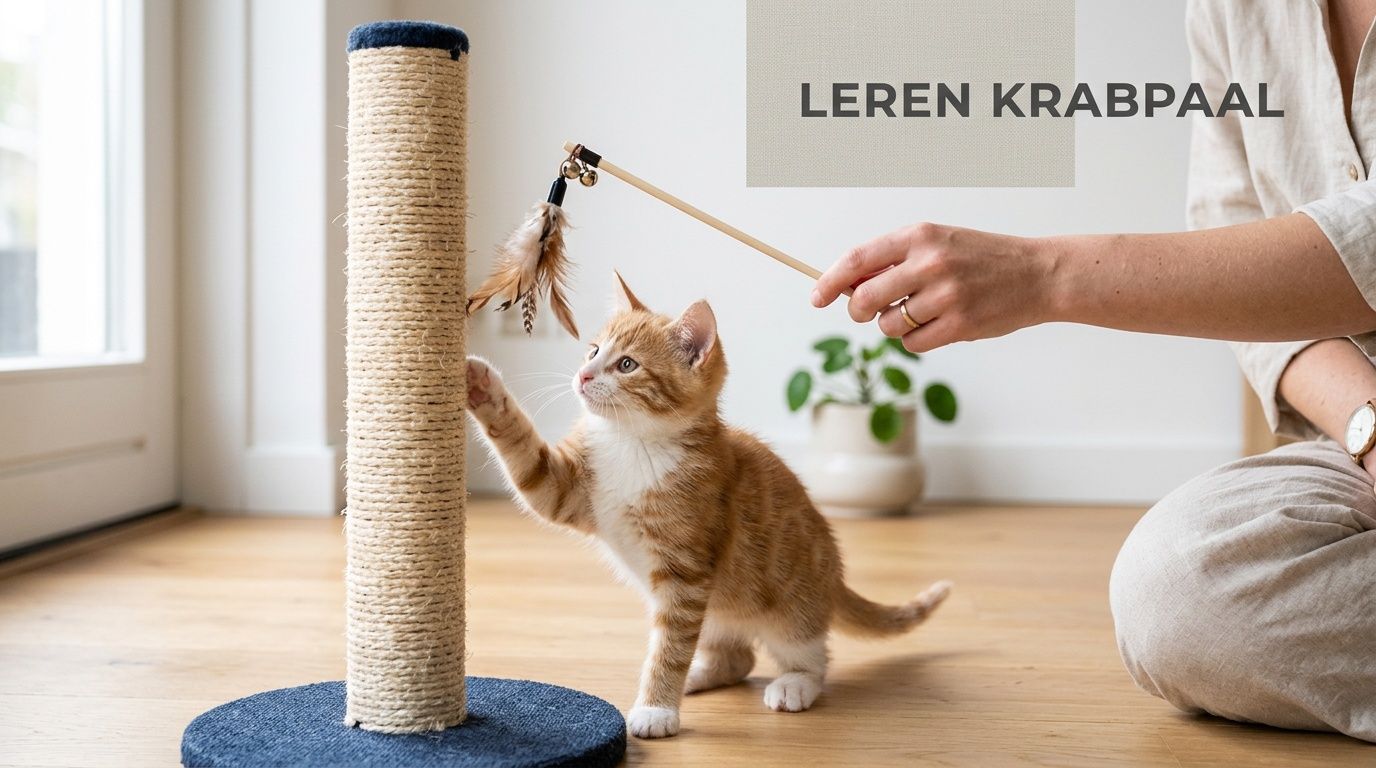 Een schattig oranje kitten speelt met een verenstokje naast een beige en blauwe krabpaal binnenshuis.