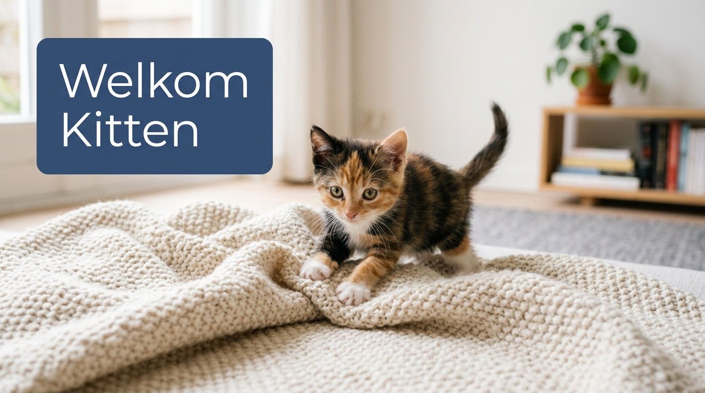Een schattig lapjeskitten dat op een zachte beige gebreide deken in een licht interieur staat.