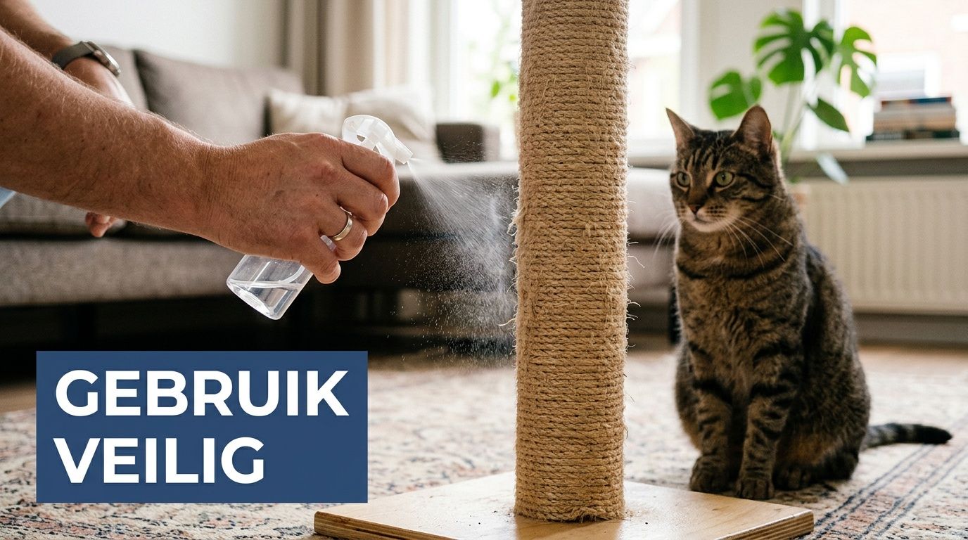 Een persoon spuit een spray op een krabpaal terwijl een kat toekijkt in de woonkamer.