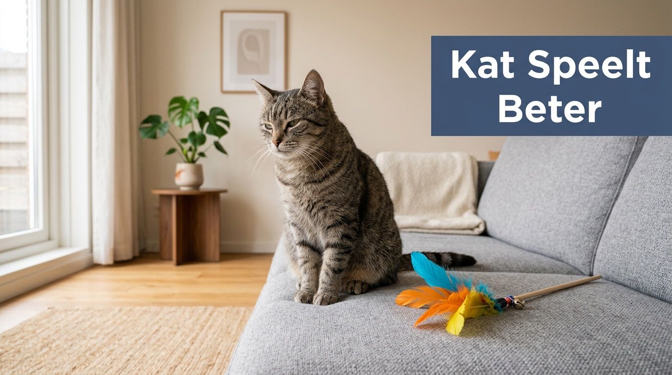 Een grijze gestreepte kat zit op een grijze bank naast een kleurrijk kattenspeeltje met veren.