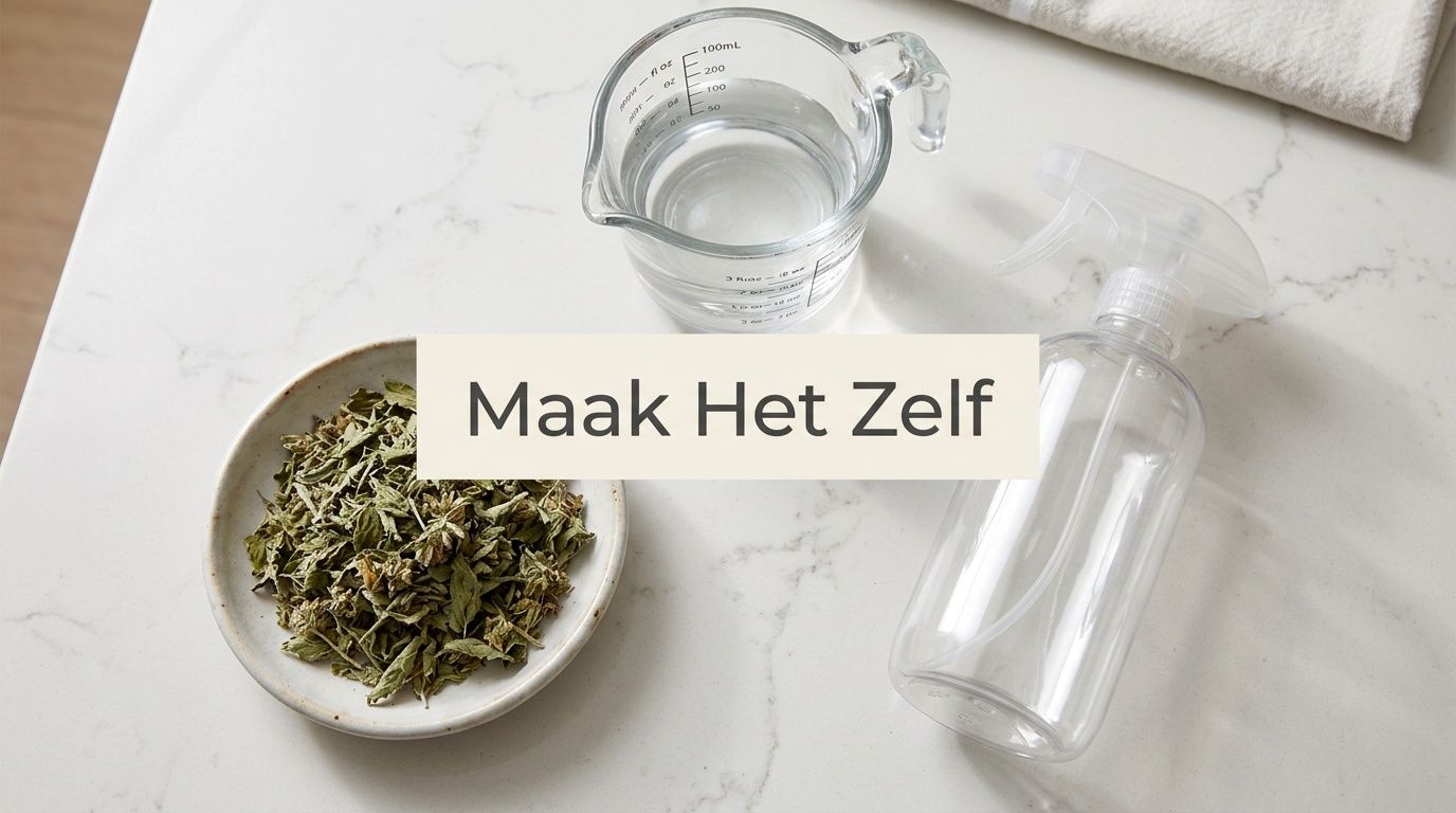 Een kom met kattenkruid, een maatbeker met water en een lege sprayfles op een wit aanrechtblad.