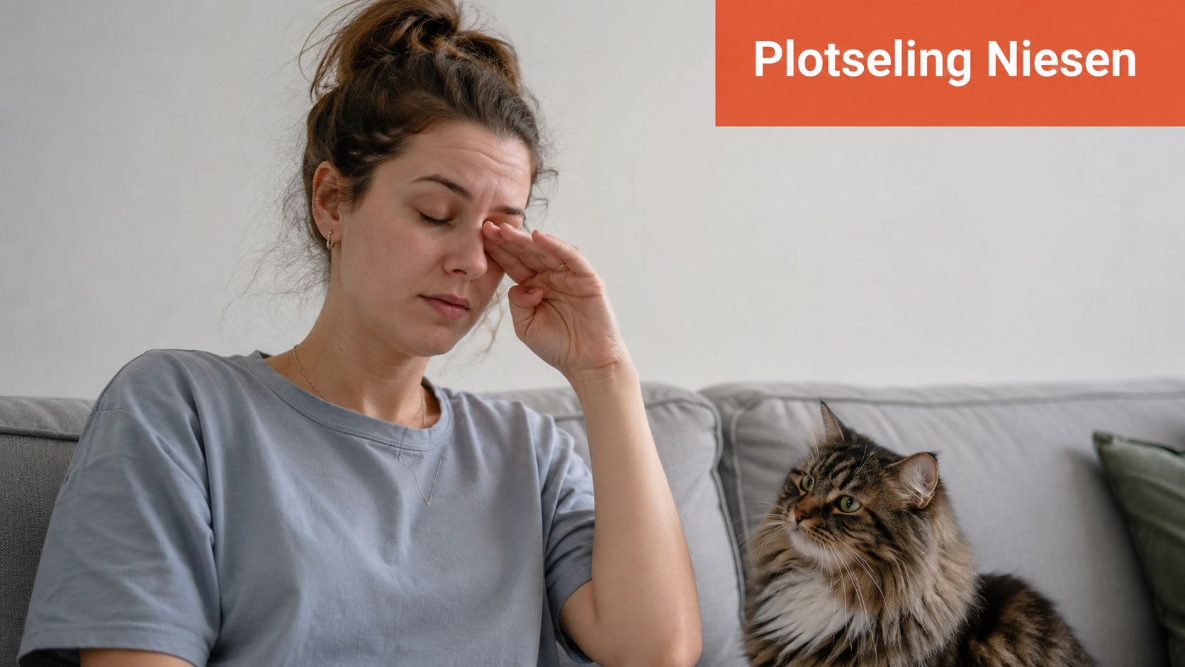 Een vrouw met allergie symptomen zoals rode ogen terwijl ze op de bank zit naast haar kat.