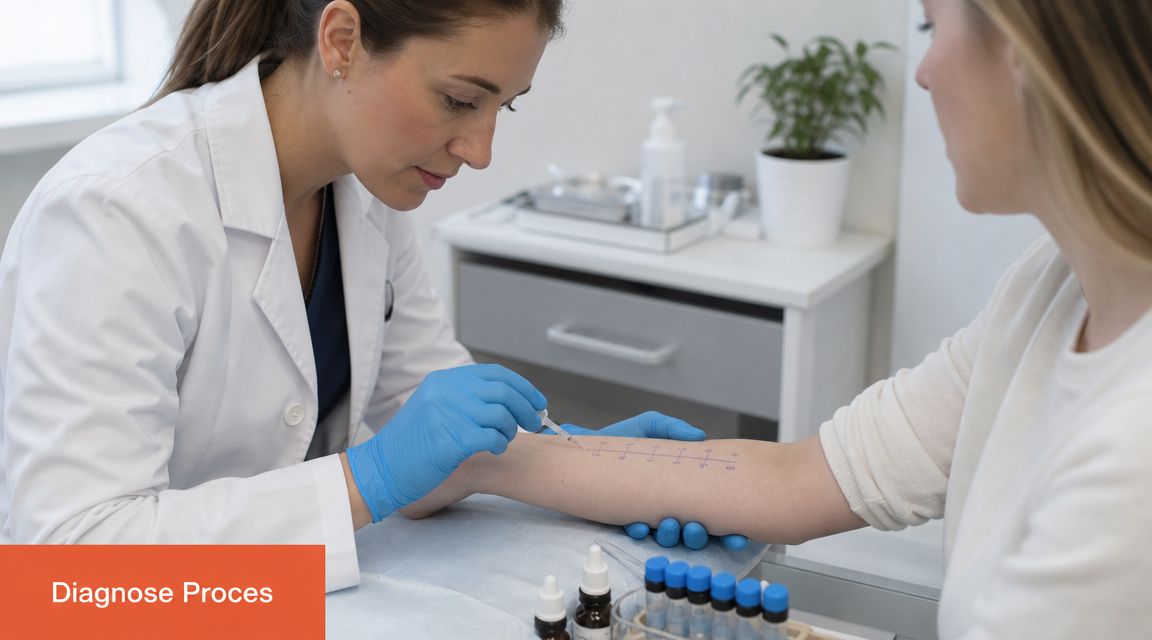 Een medische professional voert een allergietest uit op de onderarm van een patiënt in een kliniek.