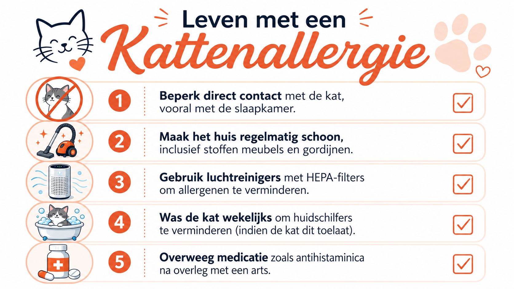 Een informatieve infographic met vijf praktische tips voor mensen die samenleven met een kattenallergie.