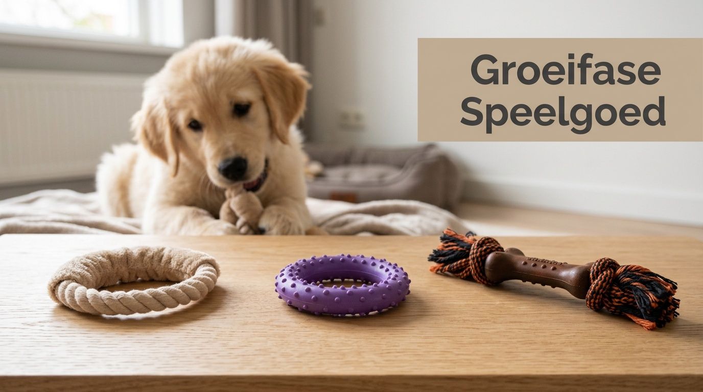 Een schattige puppy kijkt naar verschillende kauwspeeltjes die op een houten tafel liggen voor zijn plezier.