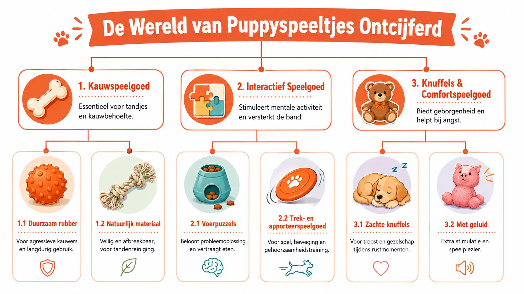 Een overzichtelijk schema met verschillende soorten hondenspeeltjes voor puppy's, verdeeld in kauw-, interactief en comfortspeelgoed.