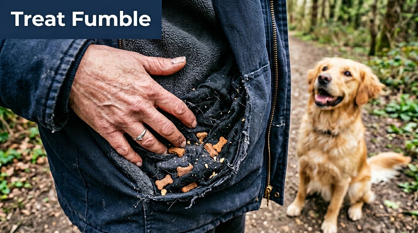 Een persoon met een hond haalt een hondenkoekje uit een kapotte zak van een blauwe jas.