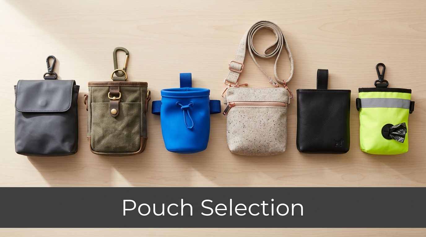 Een assortiment van zes verschillende beloningstasjes voor honden, gepresenteerd op een houten achtergrond voor een overzicht.