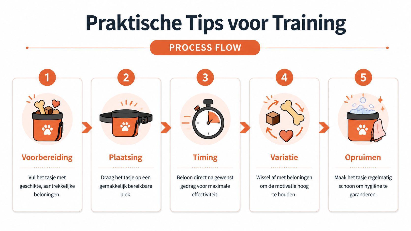 Een overzichtelijke infographic met vijf praktische stappen voor het effectief trainen van een hond met een beloningstasje.