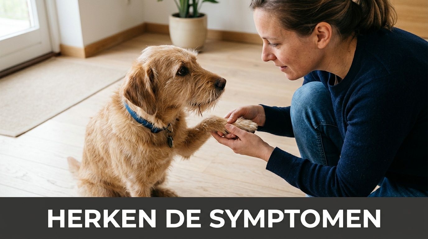 Een vrouw houdt liefdevol de poot van haar hond vast in een lichte huiskamer met tekst onderaan.