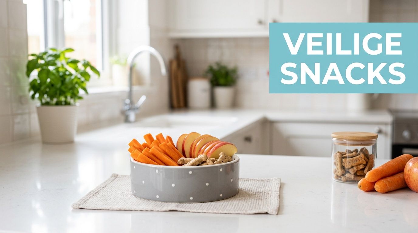 Een grijze kom met wortels, appelpartjes en hondensnoepjes op een wit aanrecht als gezonde hondensnack.